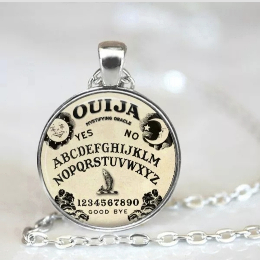 New Ouija Board Silver Glass Cabochon Necklace.